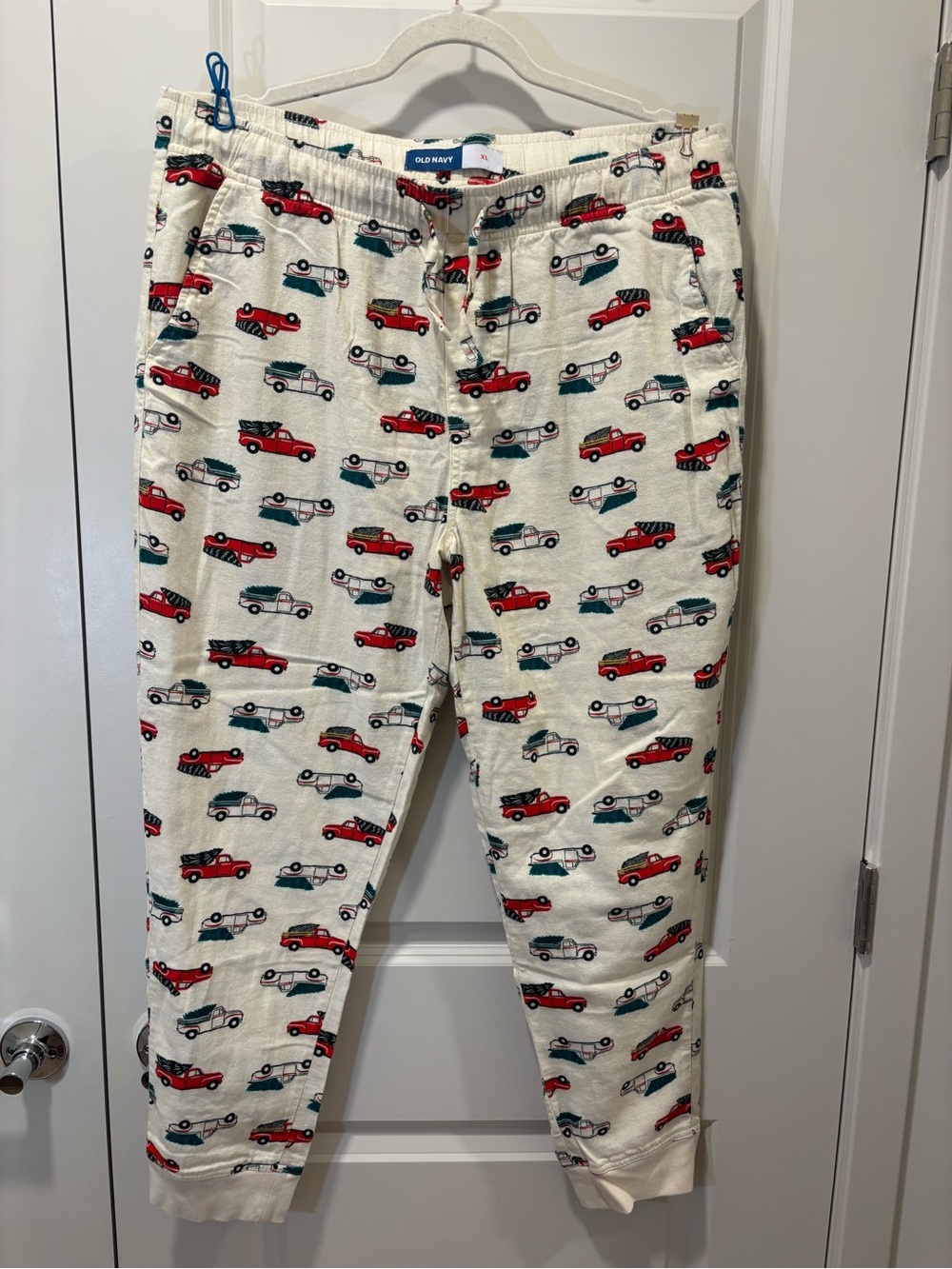 Old Navy adult unisex size Cream Pajama Bottoms with Red & Teal Car Print